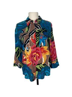 Chicos Linen Bold Floral Top Sz 1 Womens Medium Blue Pink Tropical 3/4 Sleeve